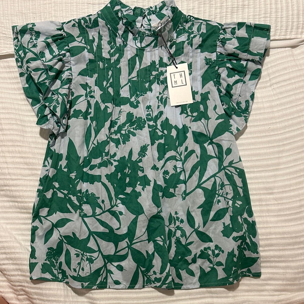 NWT THML Green and Gray Floral Blouse